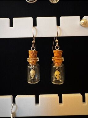 Handmade Cork Bottle Earrings with White Ghost Charm